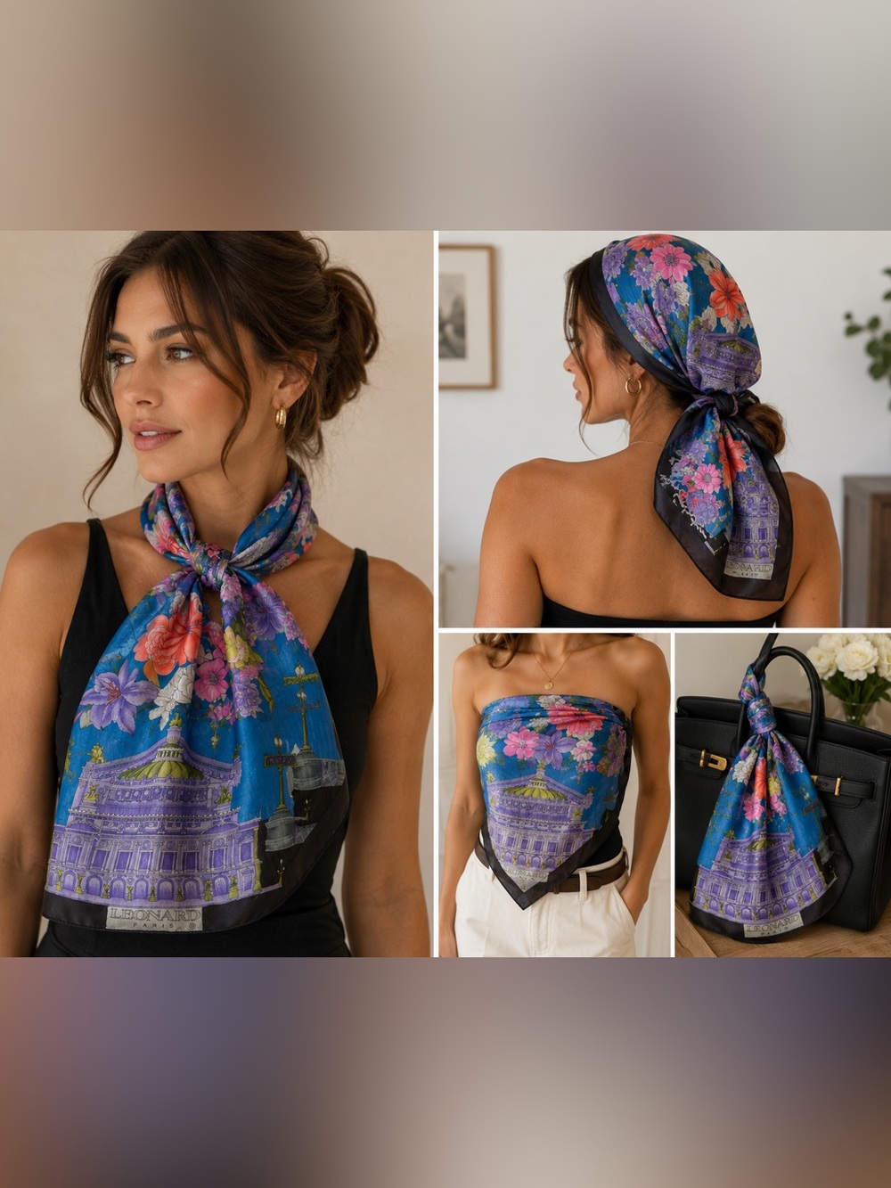 LEONARD Paris 100% Silk Floral Paris Landmark Square Scarf Blue Purple Vintage